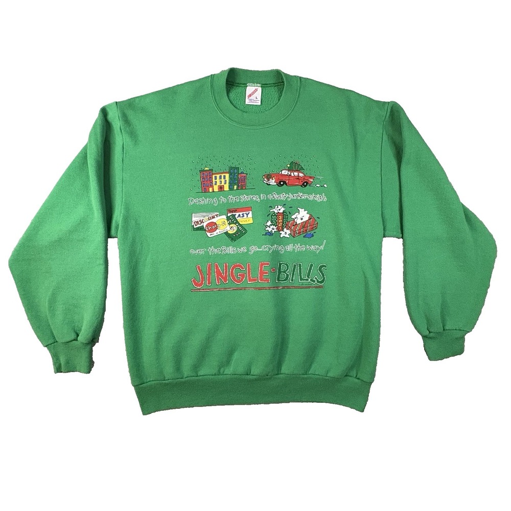 VTG Jerzees Men's L Green 90's Jingle Bills Christmas Ugly‎ Sweatshirt USA